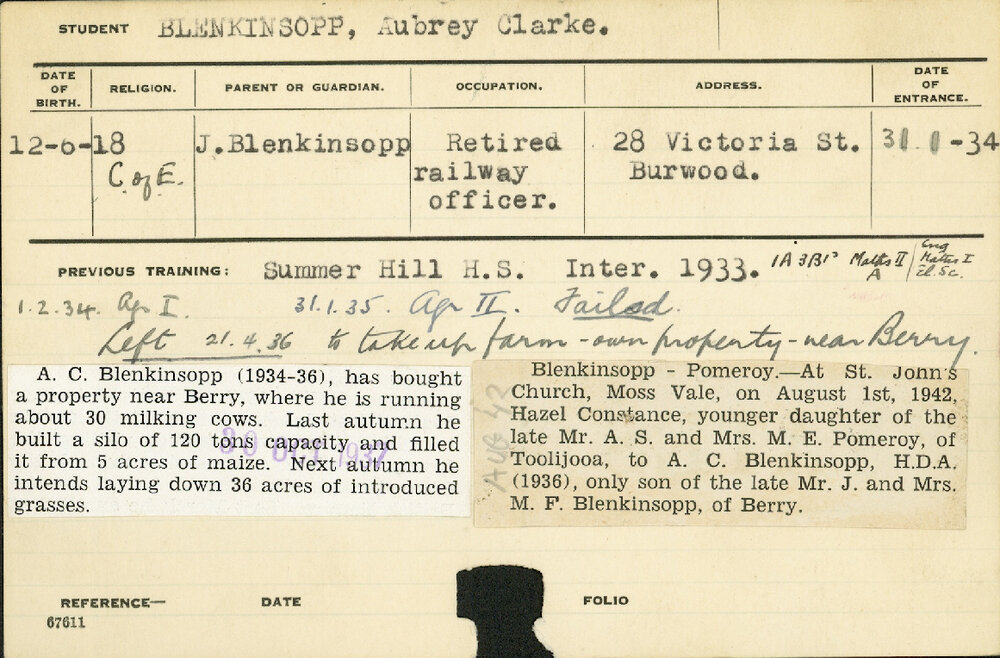 BLENKINSOPP, Aubrey Clarke (Hawkesbury Diploma of Agriculture (HDA))
