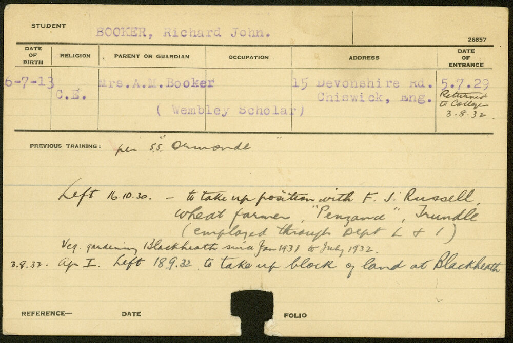 BOOKER, Richard John (Hawkesbury Diploma of Agriculture (HDA) (Withdrawn))