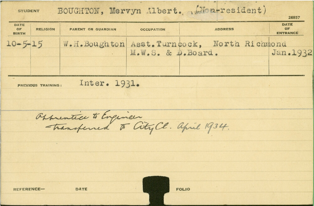 BOUGHTON, Mervyn Albert (Apprentice to Engineer)