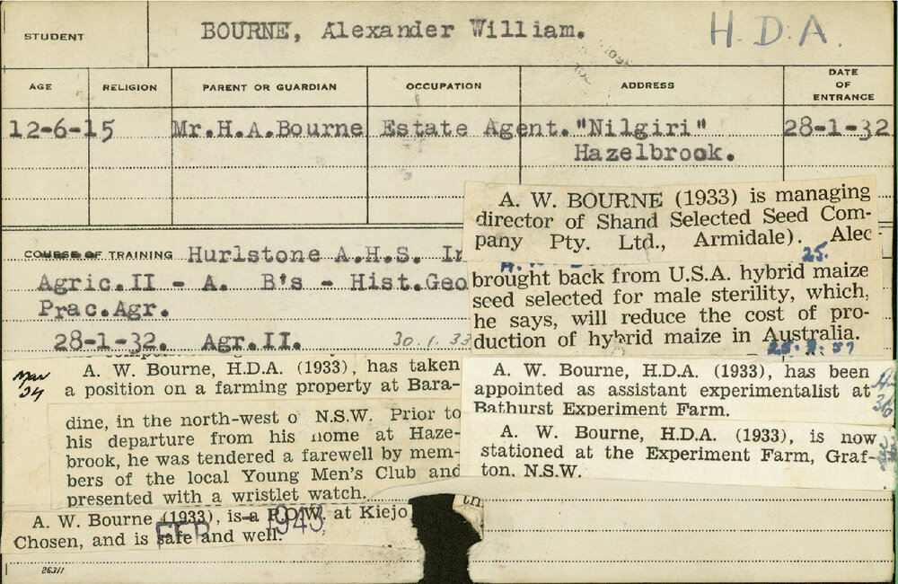 BOURNE, Alexander William (Hawkesbury Diploma of Agriculture (HDA))
