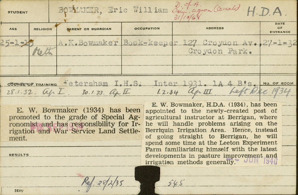 BOWMAKER, Eric William (Hawkesbury Diploma of Agriculture (HDA))