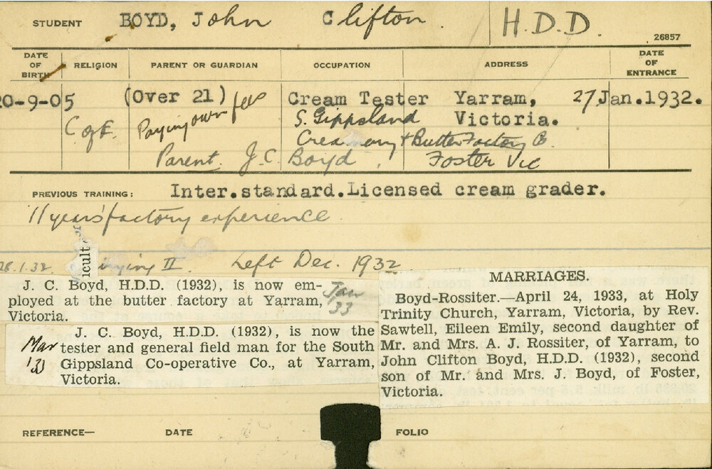 BOYD, John Clifton (Hawkesbury Diploma in Dairy Technology (HDDT) (Honours class 2))