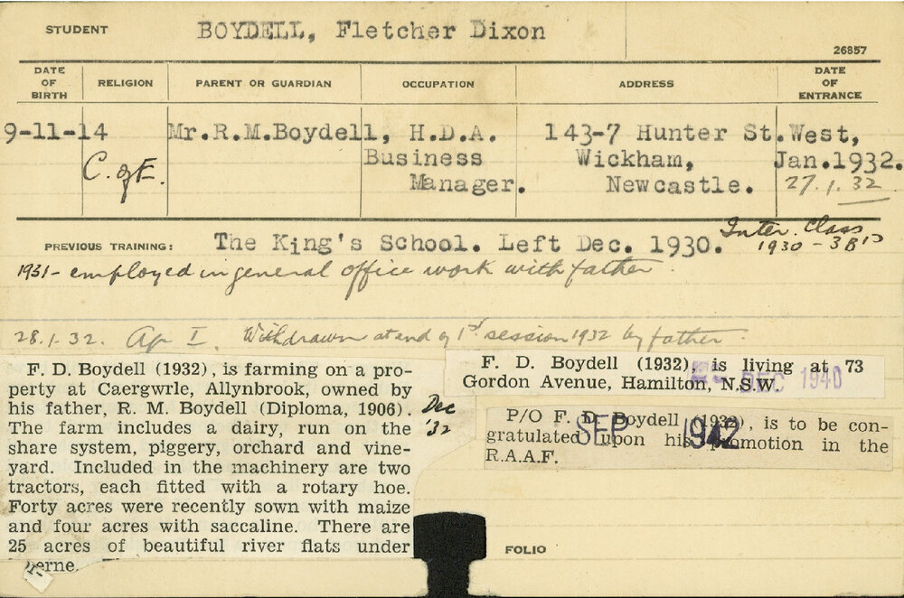 BOYDELL, Fletcher Dixon (Hawkesbury Diploma of Agriculture (HDA) (Withdrawn))