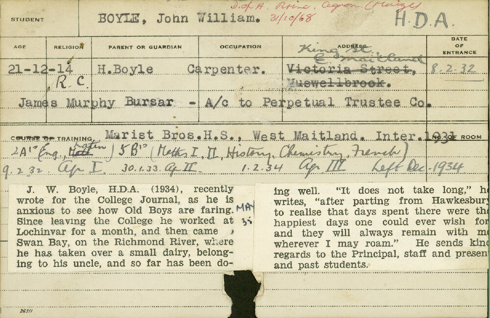 BOYLE, John William (Hawkesbury Diploma of Agriculture (HDA) (Honours class 2))