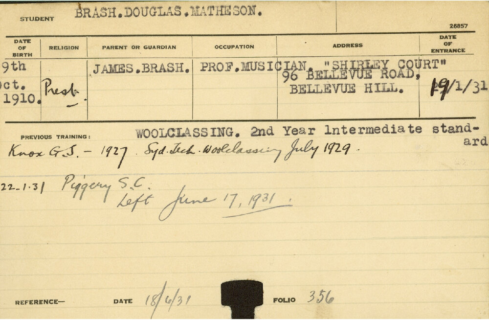 BRASH, Douglas Matheson (Special course - Piggery)