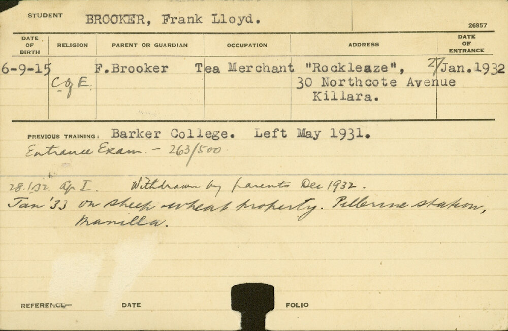 BROOKER, Frank Lloyd (Hawkesbury Diploma of Agriculture (HDA) (Withdrawn))