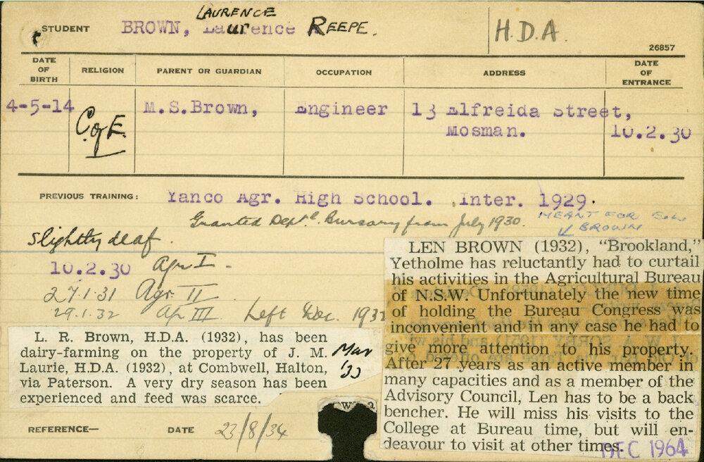 BROWN, Laurence Reepe (Hawkesbury Diploma of Agriculture (HDA))
