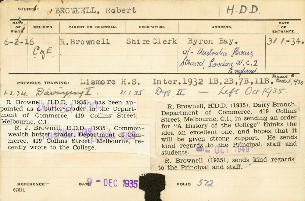 BROWNELL, Robert (Hawkesbury Diploma in Dairy (HDD) (Honours Class II))