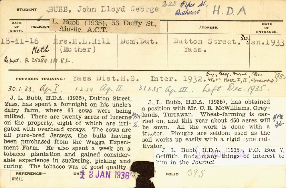 BUBB, John Lloyd George (Hawkesbury Diploma of Agriculture (HDA))