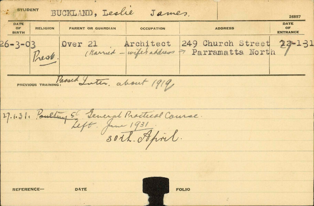 BUCKLAND, Leslie James (General Practical Course)