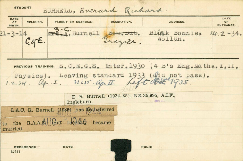 BURNELL, Everard Richard (Hawkesbury Diploma of Agriculture (HDA) - First and Second Year Certificates Only)