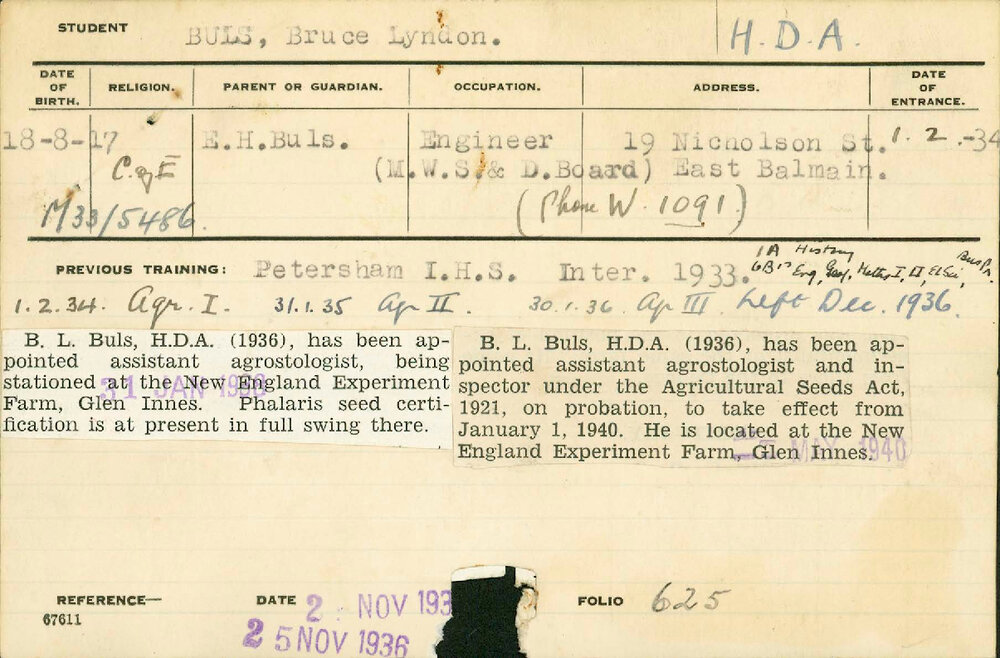 BULS, Bruce Lyndon (Hawkesbury Diploma of Agriculture (HDA))