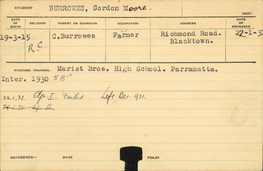 BURROWES, Gordon Moore (Hawkesbury Diploma of Agriculture (HDA) - First Year Certificate)