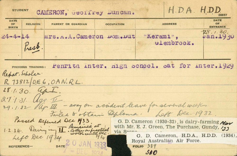 CAMERON, Geoffrey Duncan (Hawkesbury Diploma of Agriculture (HDA) &amp; Hawkesbury Diploma in Dairy (HDD))