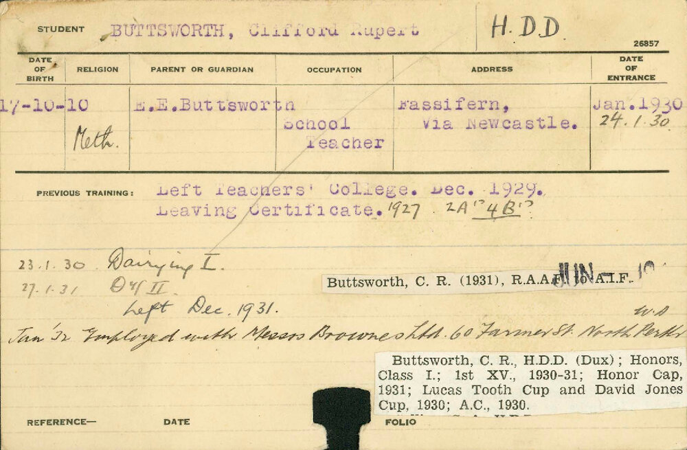 BUTTSWORTH, Clifford Rupert (Hawkesbury Diploma in Dairy (HDD) (First Class Honours &amp; Dux))