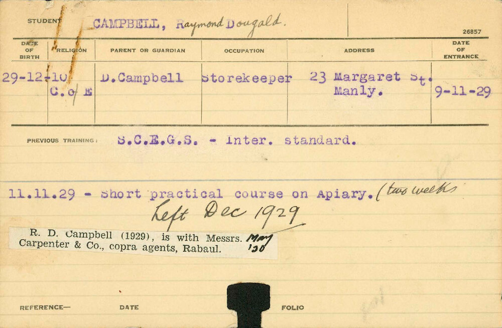 CAMPBELL, Raymond Dougald (Short Course - Apiary)