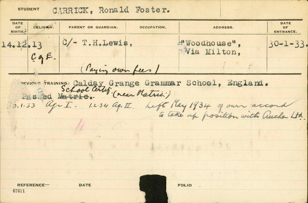 CARRICK, Ronald Foster (Hawkesbury Diploma of Agriculture (HDA))