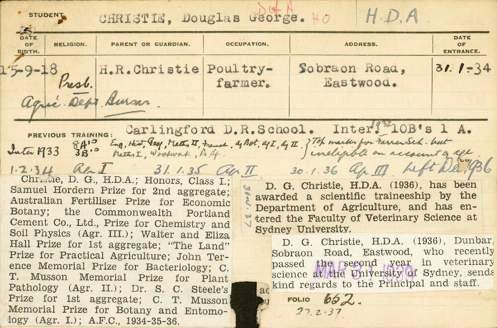 CHRISTIE, Douglas George (Hawkesbury Diploma of Agriculture (HDA) (Dux) (Honours Class I))