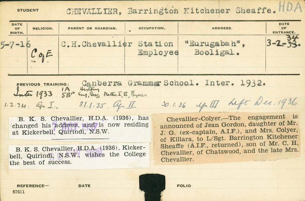 CHEVALLIER, Barrington Kitchener Sheaffe (Hawkesbury Diploma of Agriculture (HDA))