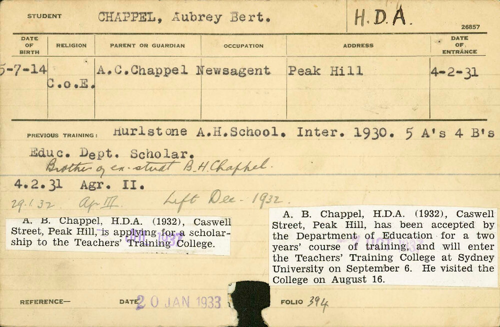 CHAPPEL, Aubrey Bert (Hawkesbury Diploma of Agriculture (HDA))