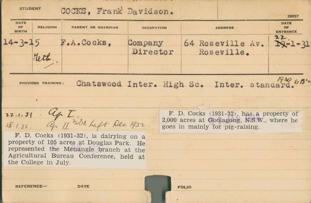 COCKS, Frank Davidson (Hawkesbury Diploma of Agriculture (HDA))