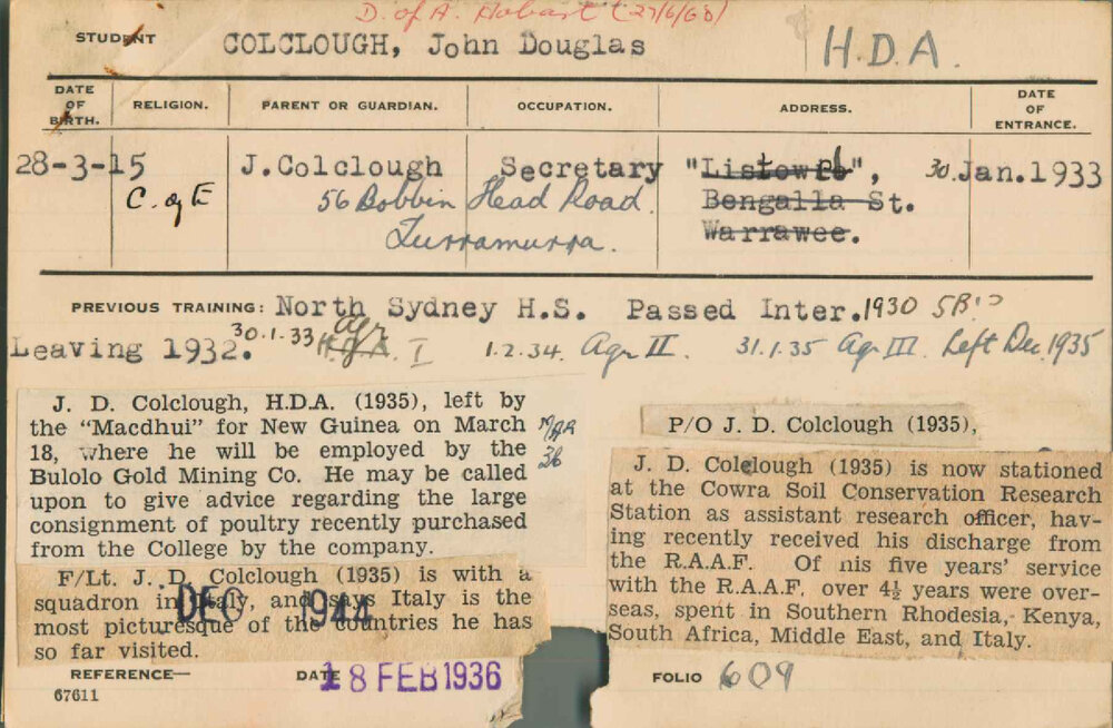 COLCLOUGH, John Douglas (Hawkesbury Diploma of Agriculture (HDA))