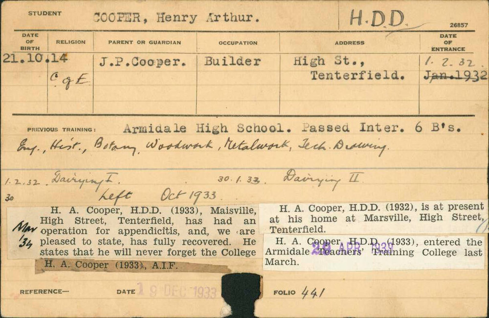 COOPER, Henry Arthur (Hawkesbury Diploma in Dairy (HDD))