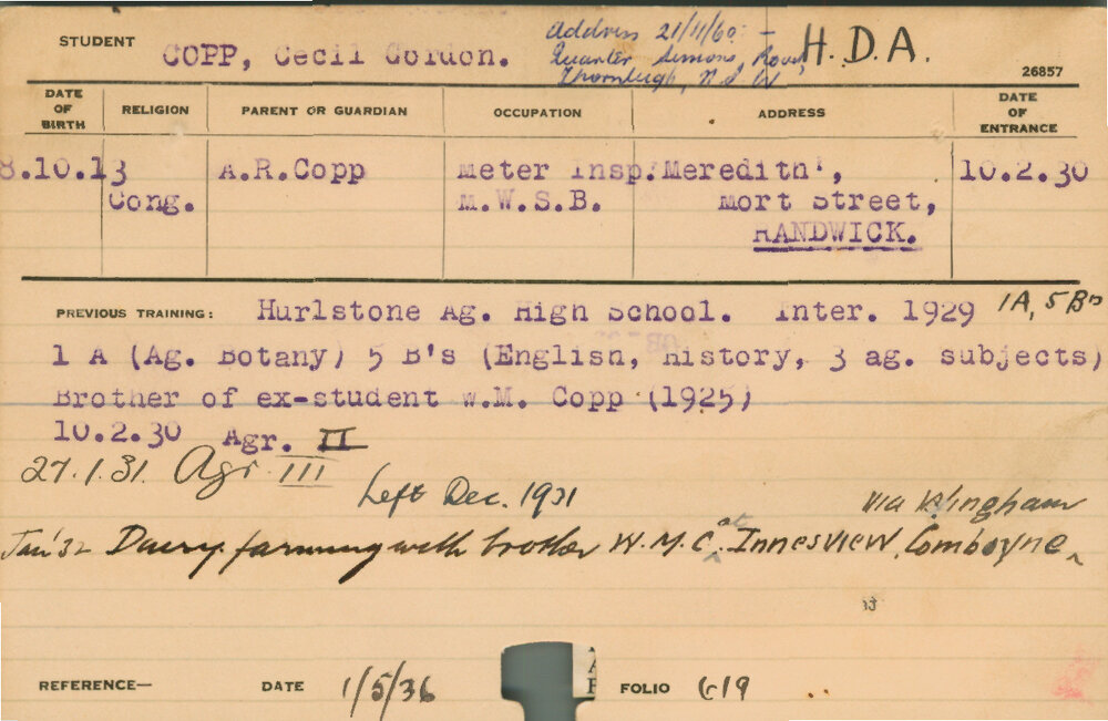 COPP, Cecil Gordon (Hawkesbury Diploma of Agriculture (HDA))
