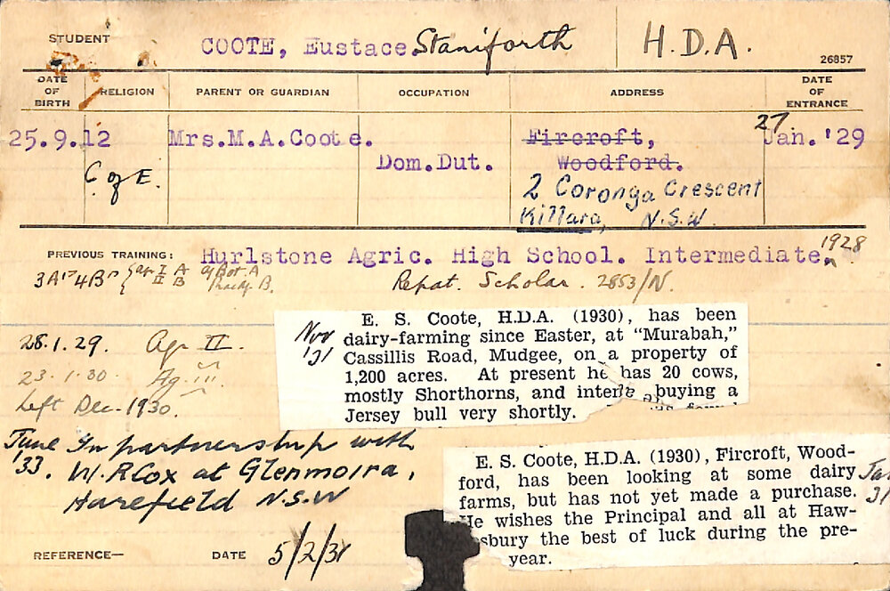 COOTE, Eustace Staniforth (Hawkesbury Diploma of Agriculture (HDA))