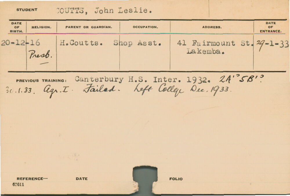 COUTTS, John Leslie (Hawkesbury Diploma of Agriculture (HDA))