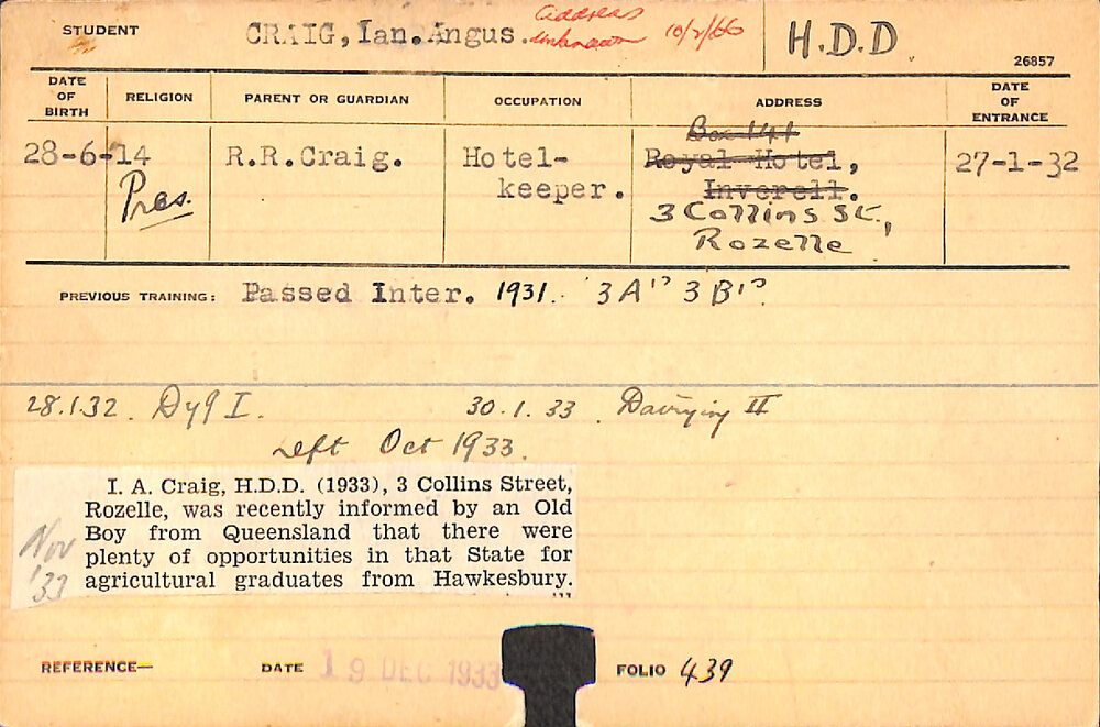 CRAIG, Ian Angus (Hawkesbury Diploma in Dairy (HDD))