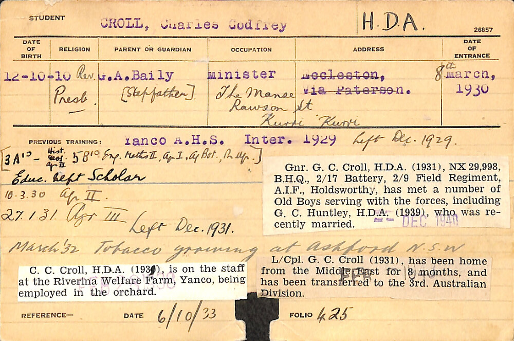 CROLL, Charles Godfrey (Hawkesbury Diploma of Agriculture (HDA))