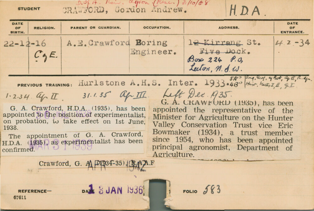 CRAWFORD, Gordon Andrew (Hawkesbury Diploma of Agriculture (HDA))