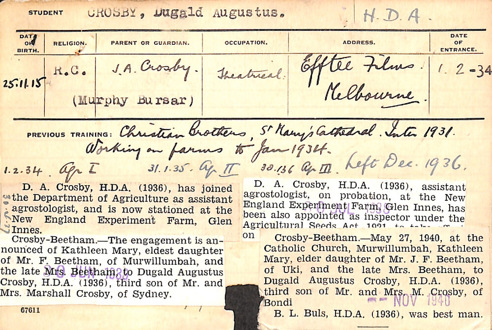 CROSBY, Dugald Augustus (Hawkesbury Diploma of Agriculture (HDA))