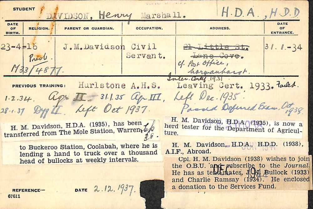 DAVIDSON, Henry Marshall (Hawkesbury Diploma of Agriculture (HDA) &amp; Hawkesbury Diploma in Dairy (HDD))