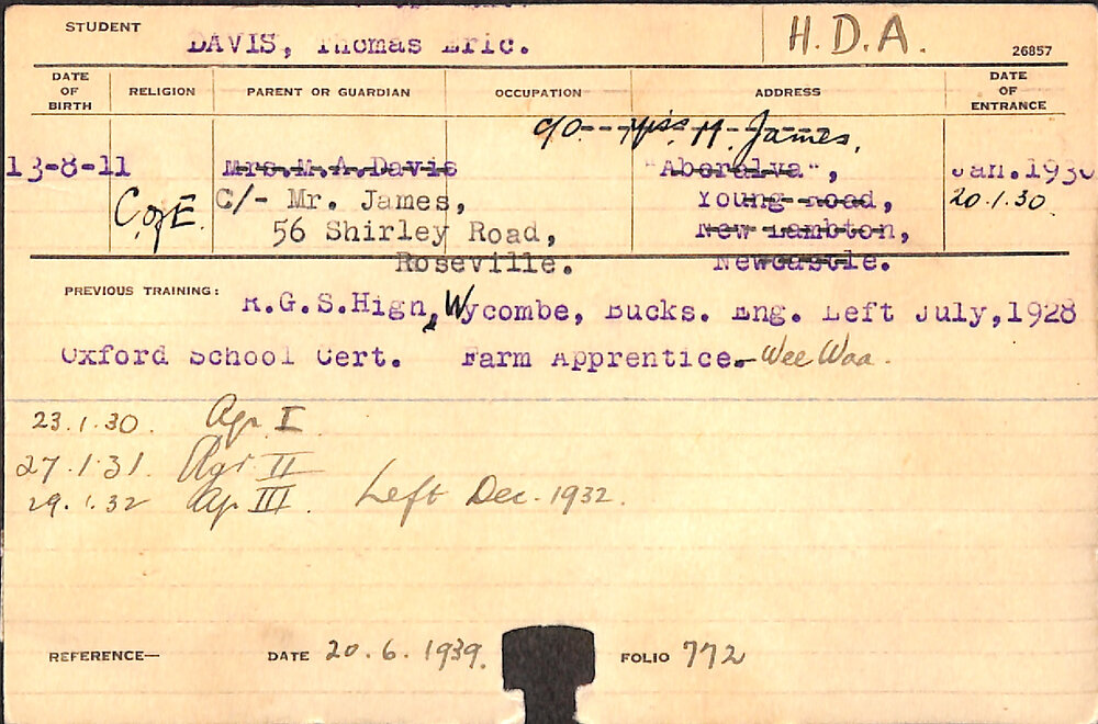 DAVIS, Thomas Eric (Hawkesbury Diploma of Agriculture (HDA))