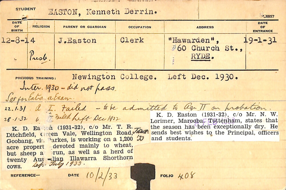 EASTON, Kenneth Derrin (Hawkesbury Diploma of Agriculture (HDA))