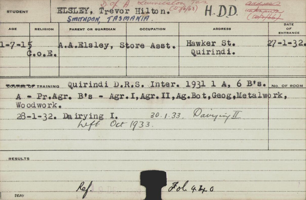 ELSLEY, Trevor Hilton (Hawkesbury Diploma in Dairy (HDD) (Honours Class II))