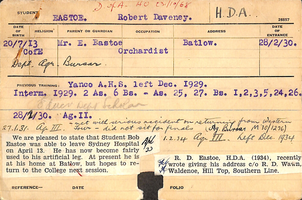 EASTOE, Robert Daveney (Hawkesbury Diploma of Agriculture (HDA))