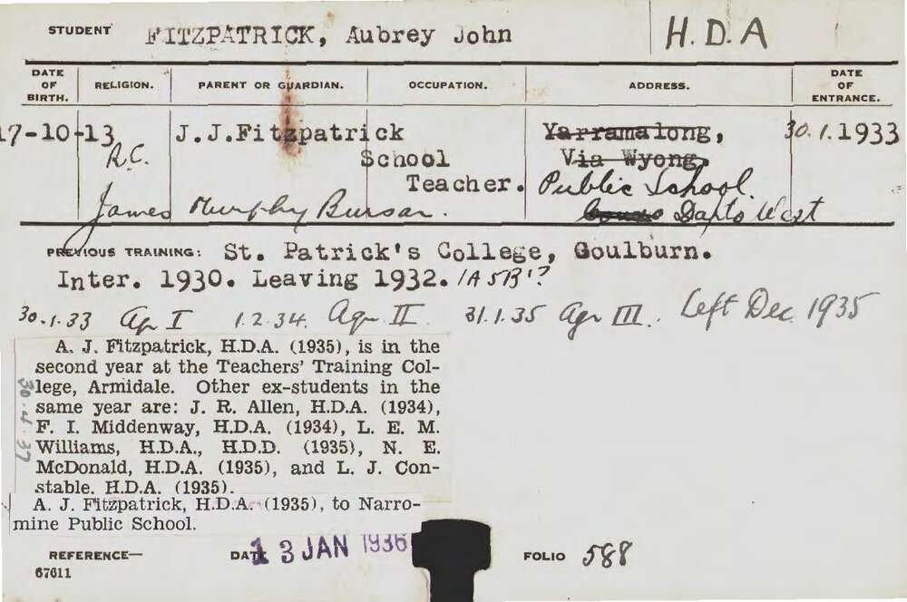 FITZPATRICK, Aubrey John (Hawkesbury Diploma of Agriculture (HDA))