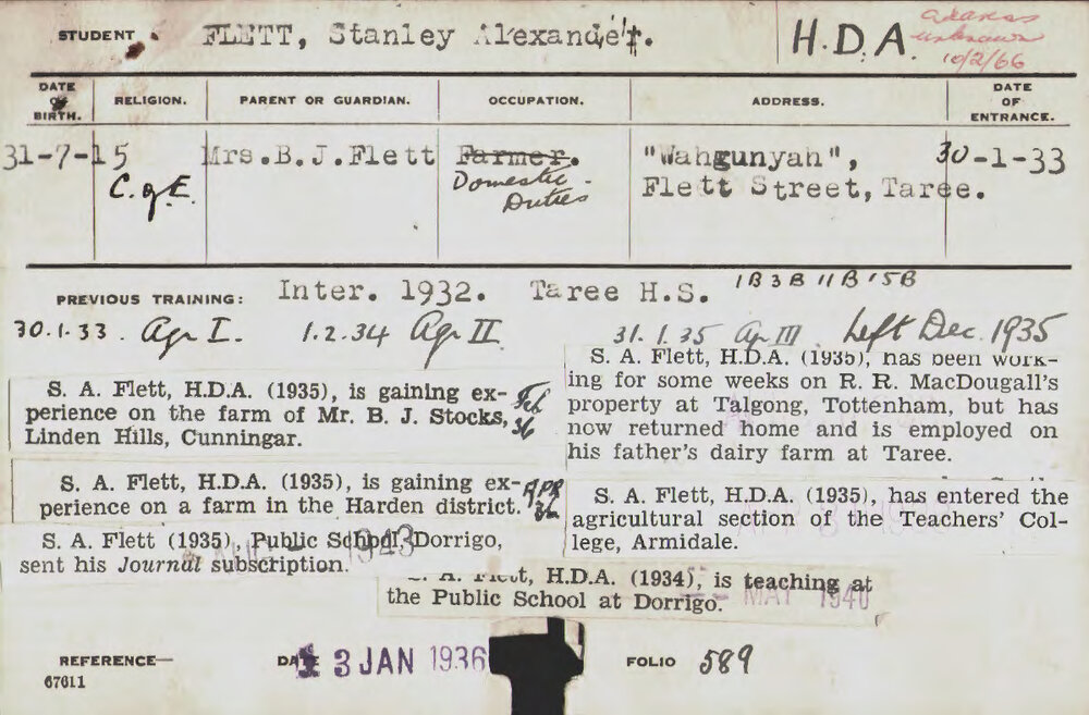 FLETT, Stanley Alexander (Hawkesbury Diploma of Agriculture (HDA))