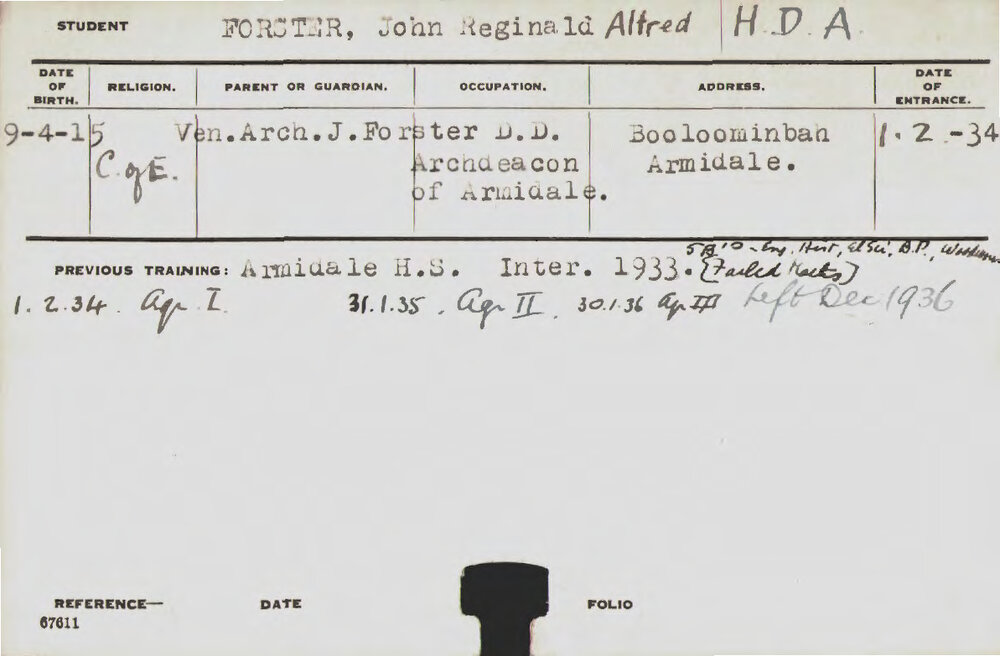 FORSTER, John Reginald Alfred (Hawkesbury Diploma of Agriculture (HDA))