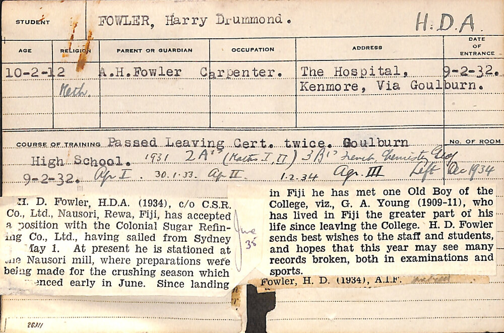 FOWLER, Harry Drummond (Hawkesbury Diploma of Agriculture (HDA))