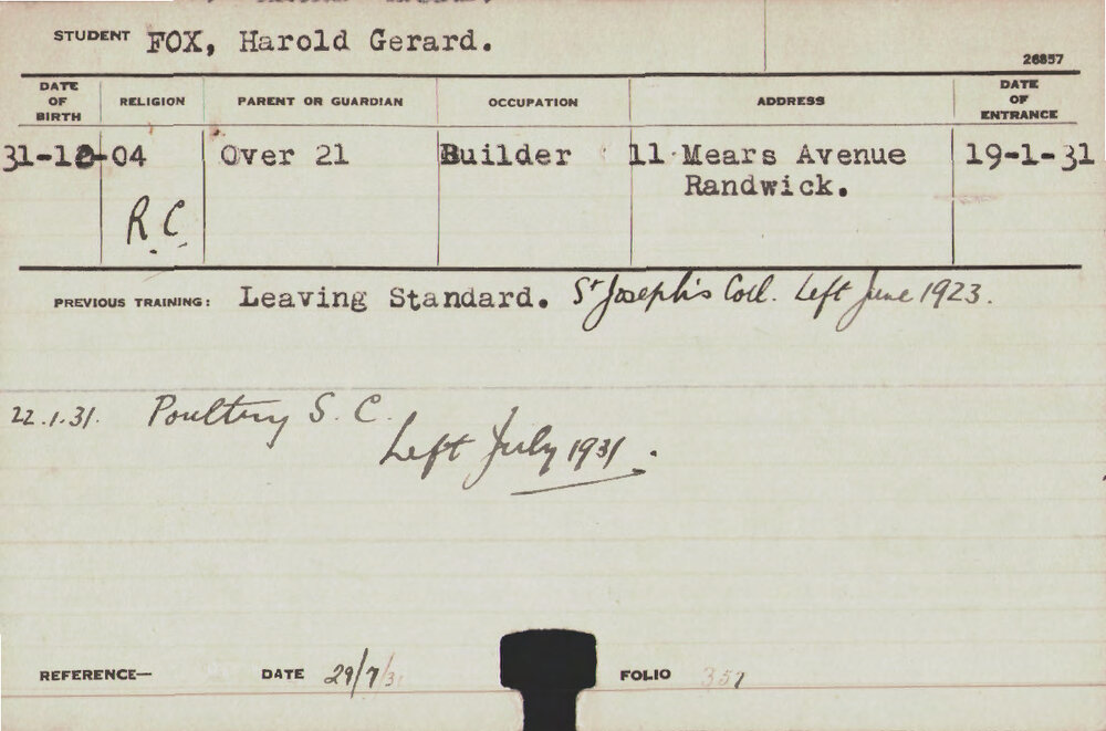 FOX, Harold Gerard (Short Course - Poultry)