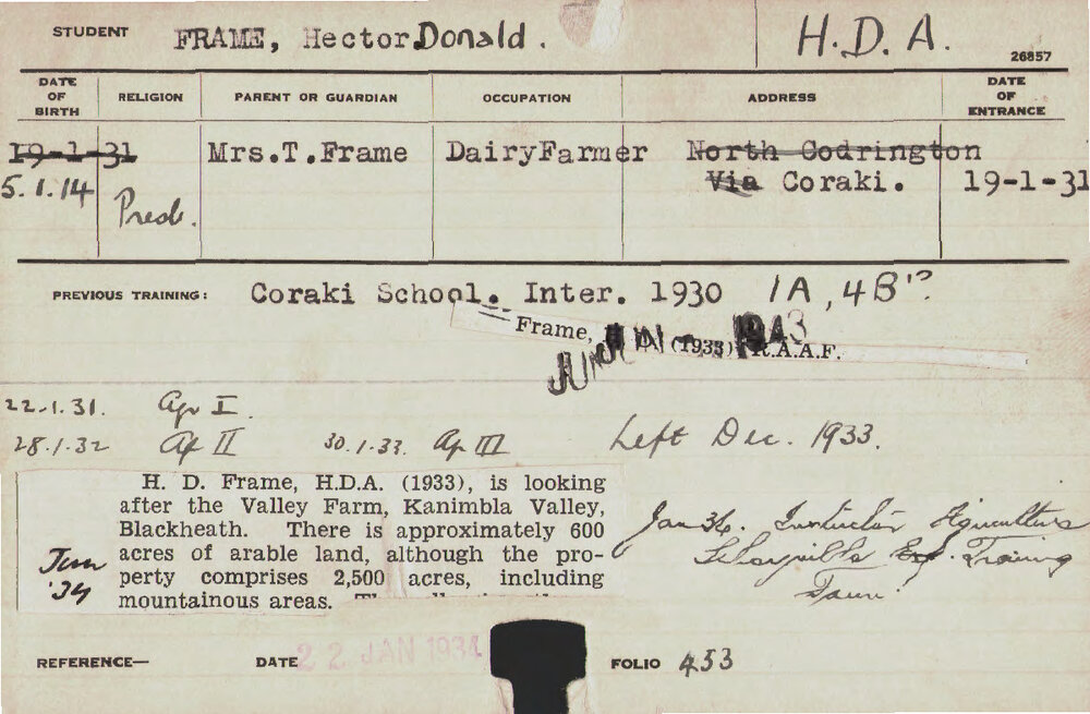 FRAME, Hector Donald (Hawkesbury Diploma of Agriculture (HDA) (Honours Class II))