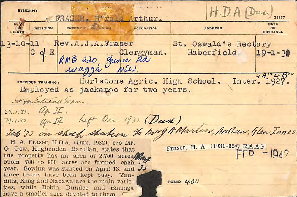 FRASER, Harold Arthur (Hawkesbury Diploma of Agriculture (HDA) (Honours Class I) (Dux))