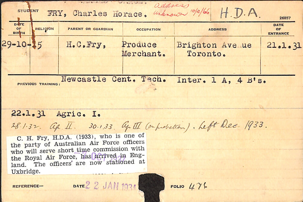FRY, Charles Horace (Hawkesbury Diploma of Agriculture (HDA))