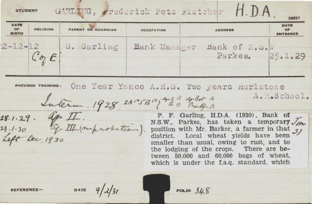 GARLING, Frederick Pete Fletcher (Hawkesbury Diploma of Agriculture (HDA))