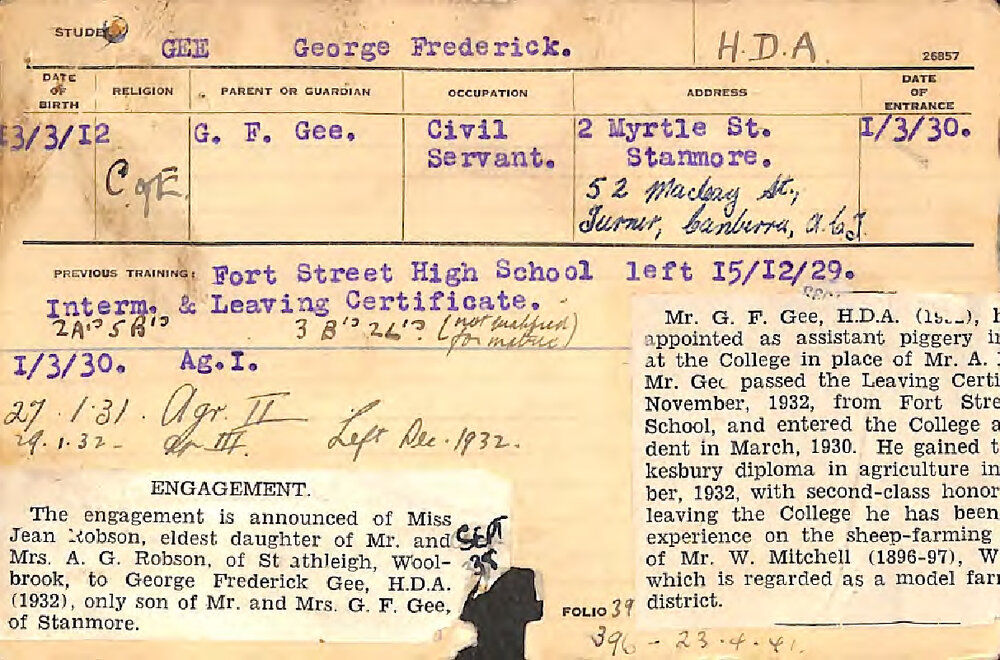 GEE, George Frederick (Hawkesbury Diploma of Agriculture (HDA) (Honours Class II))