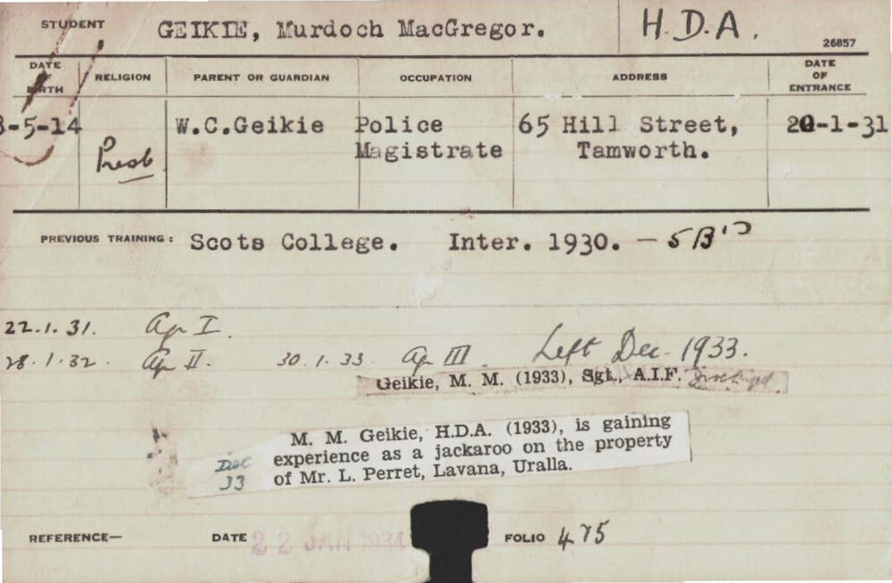 GEIKIE, Murdoch MacGregor (Hawkesbury Diploma of Agriculture (HDA))